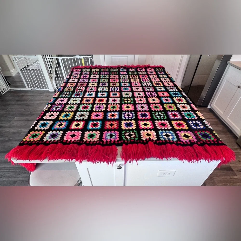 Handmade Crochet Granny Square Afghan Approximately 72”x72” including Fringe